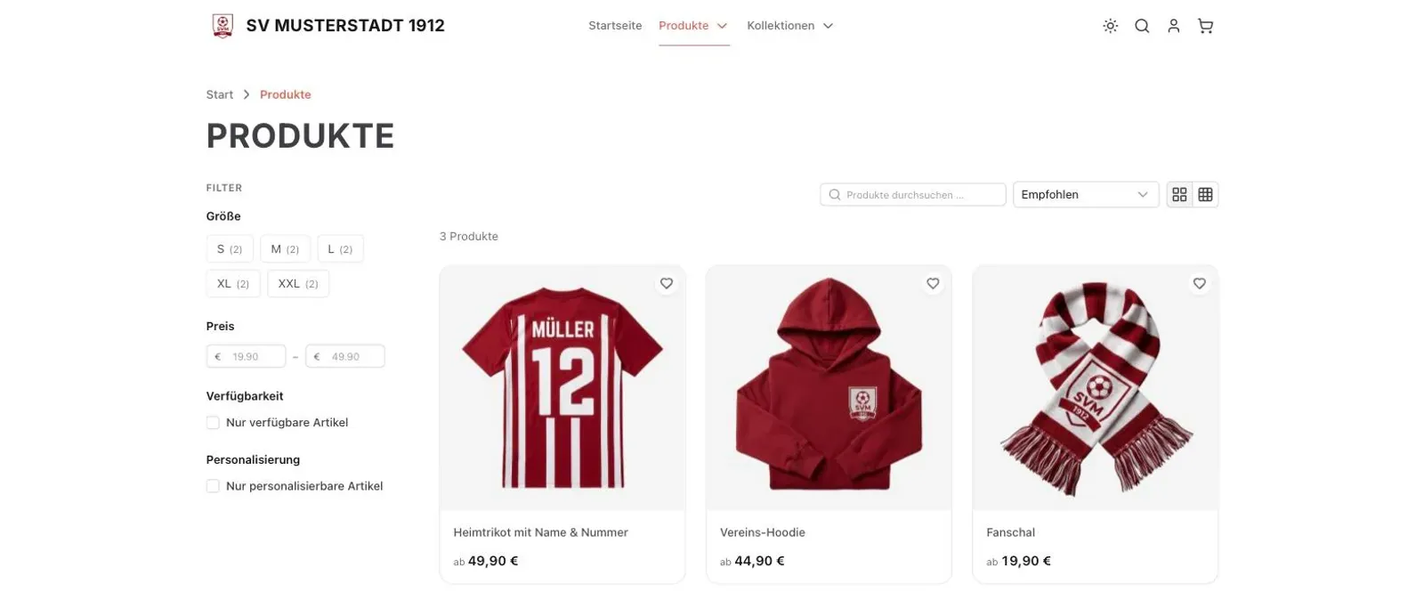 Fanshop des SV Musterstadt mit Heimtrikot, Hoodie und Fanschal