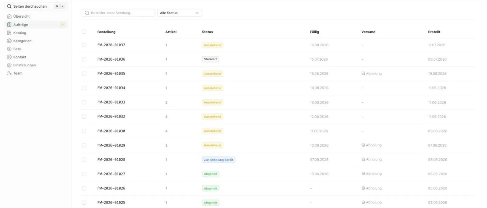 Auftragsliste eines Druckpartners mit offenen Bestellungen